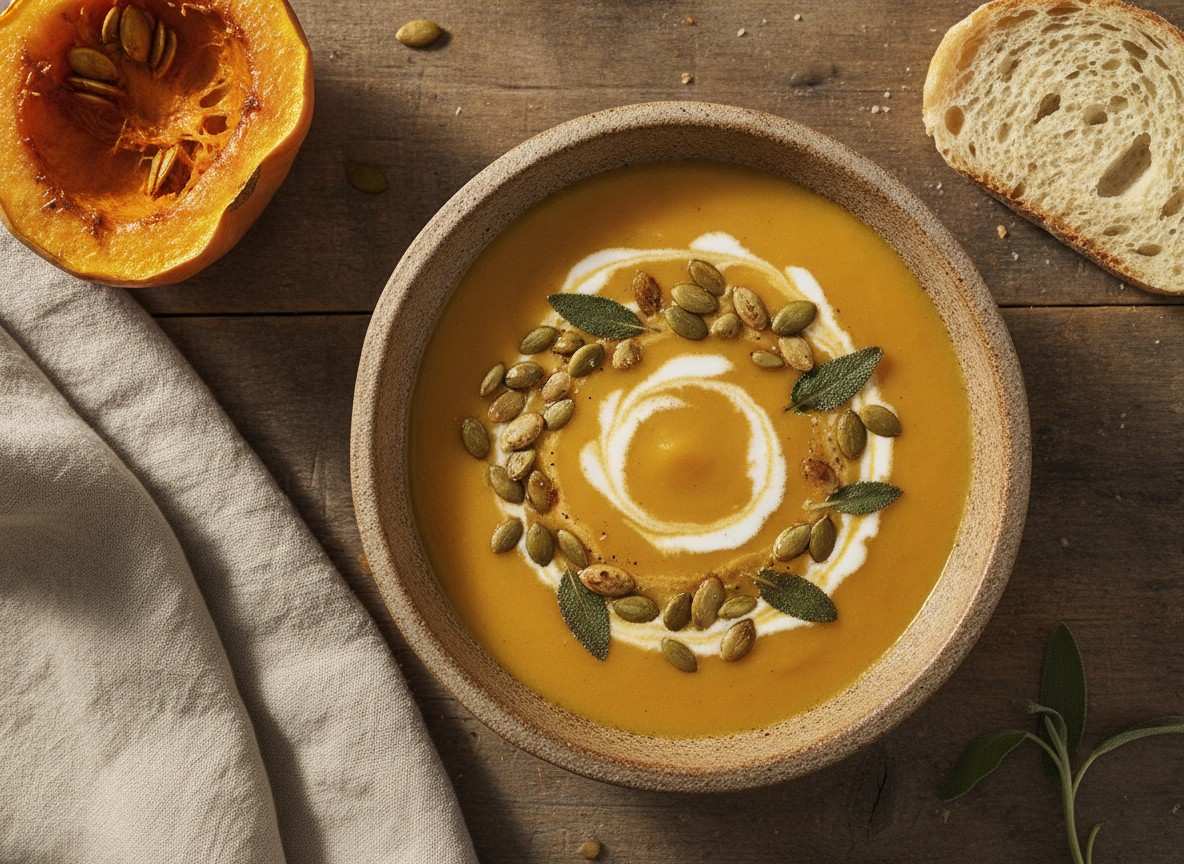 A bowl of smooth orange butternut squash soup topped with pumpkin seeds