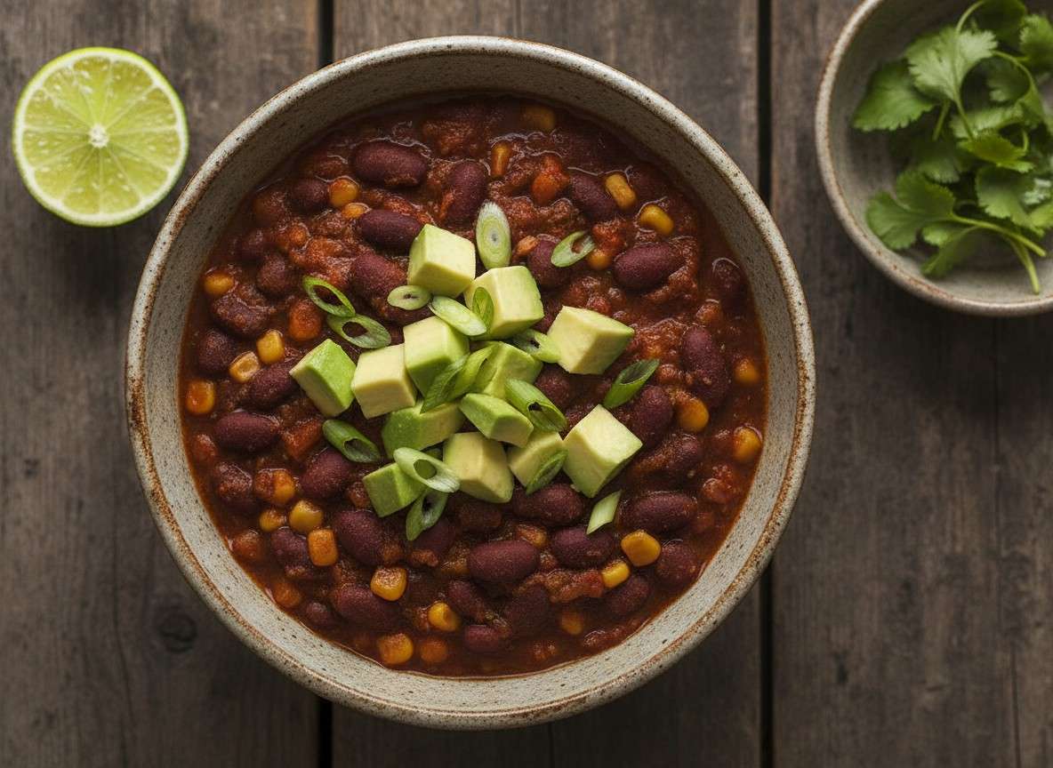 A bowl of thick three-bean chili topped with avocado and green onions