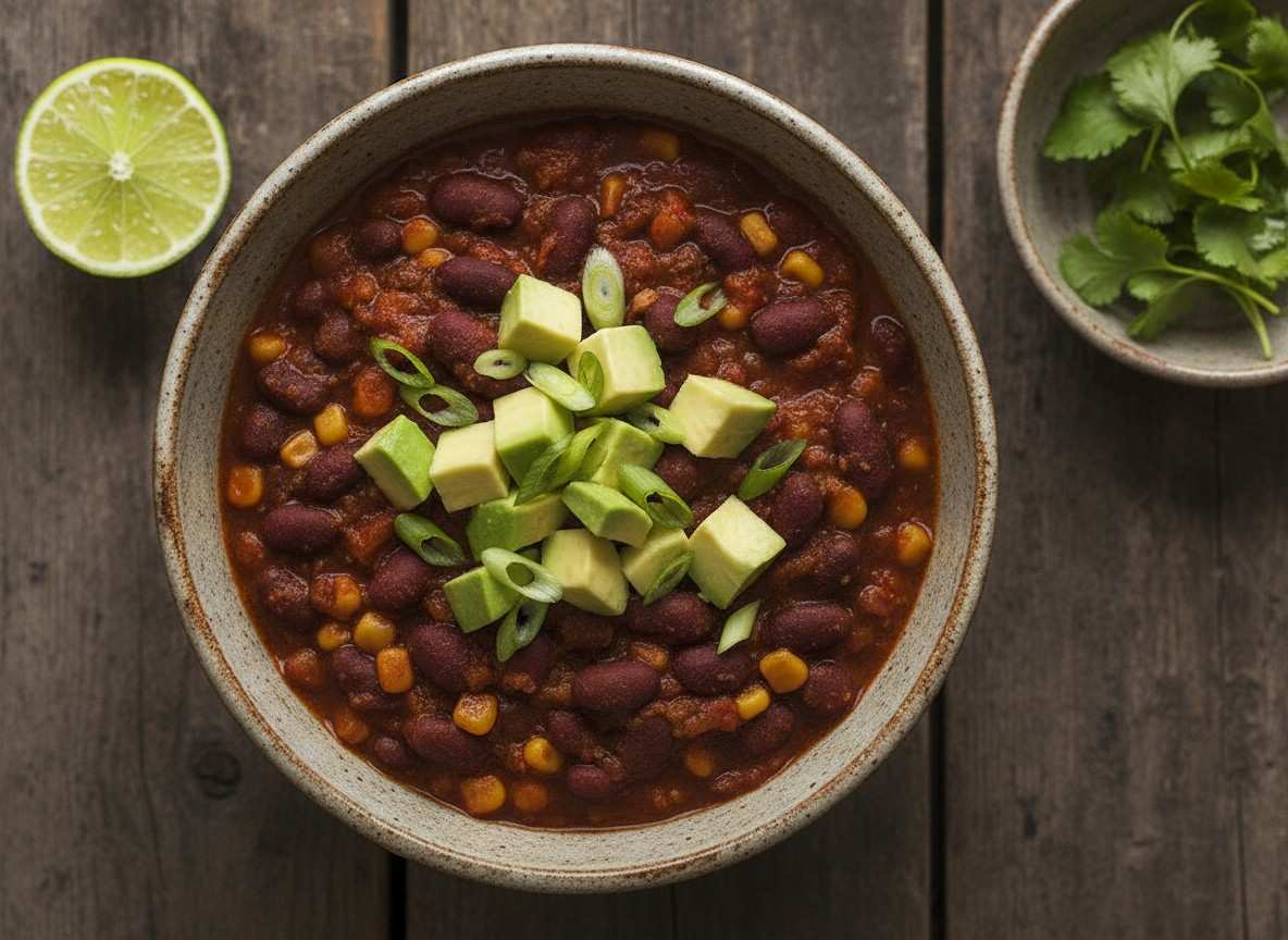 A bowl of thick three-bean chili topped with avocado and green onions